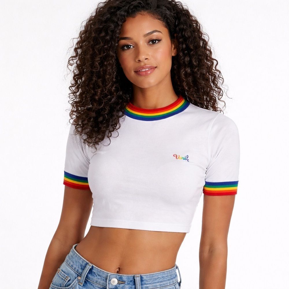 UNIF Rainbow Trim Cropped Tee White Size Small Embroidered Logo Y2K Festival Top